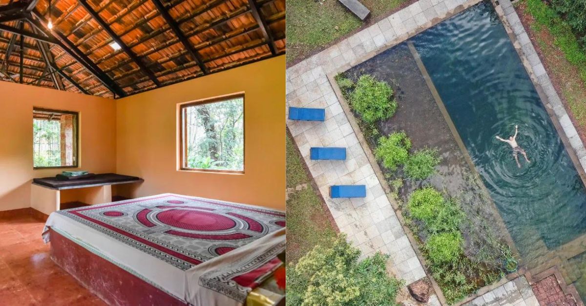 The bedroom at the Plantation Cottage; (on the right) the natural water pool at the farm stay which has to be pre-booked before use.
