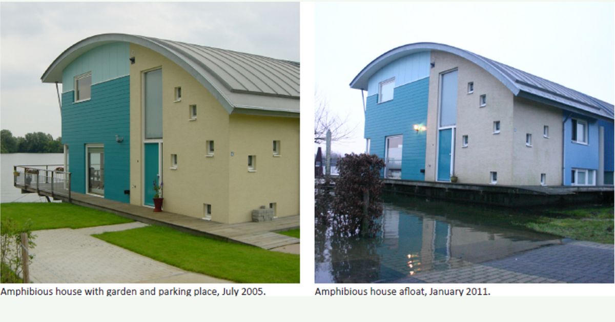 Working of amphibious buildings at Amphibious house at Maasbommel in the Netherlands