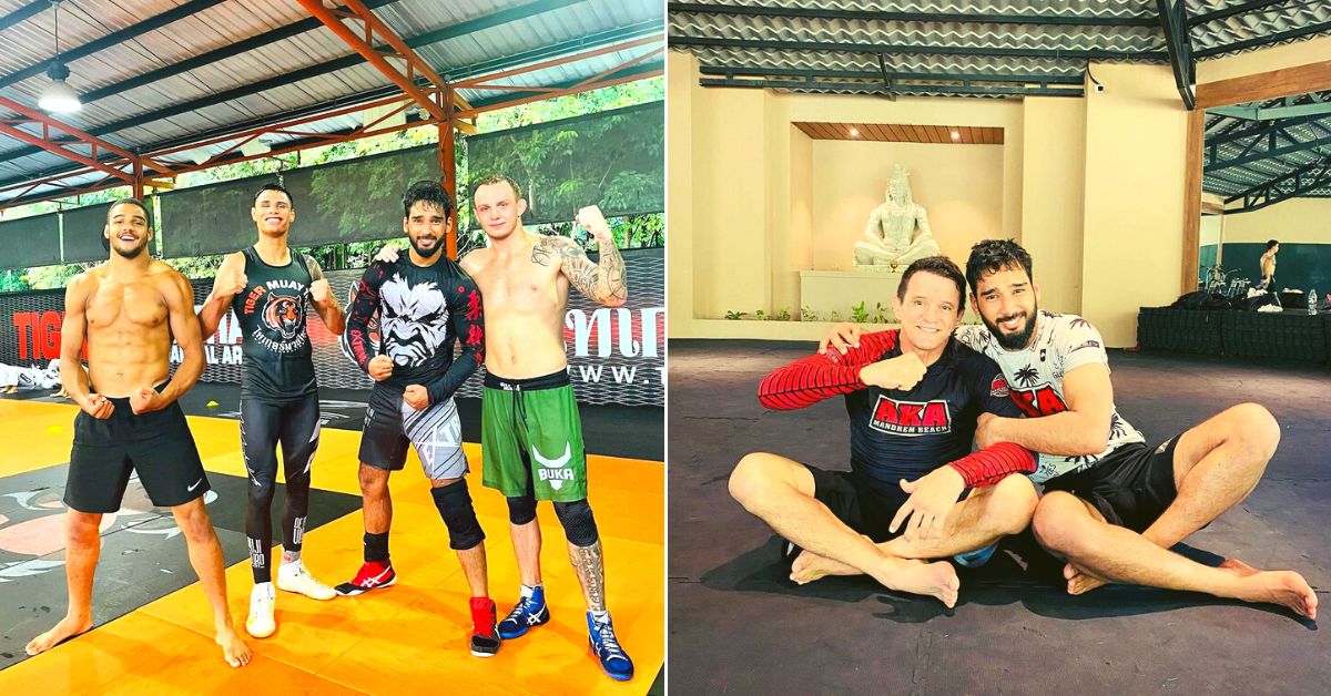 Left: At Tiger Muay Thai with Coach Joseph Henle; Right: With Coach Wado De La Riva at American Kickboxing Academy (AKA)