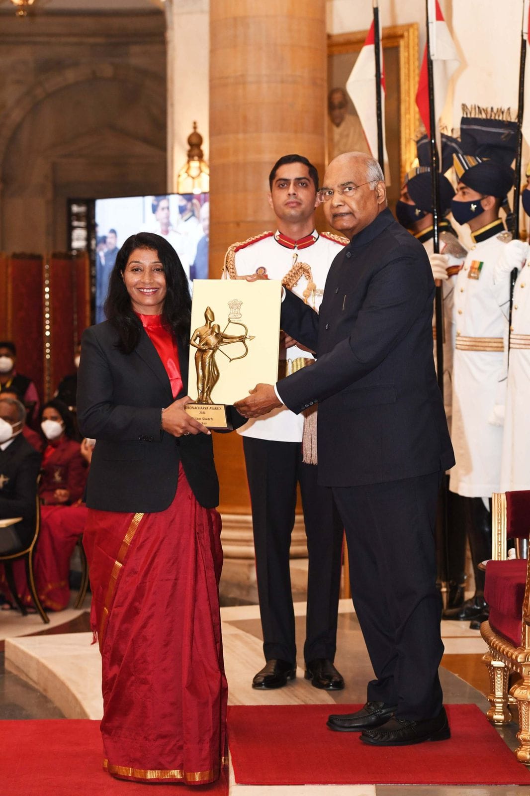 Pritam Siwach receiving the Dronacharya Award 