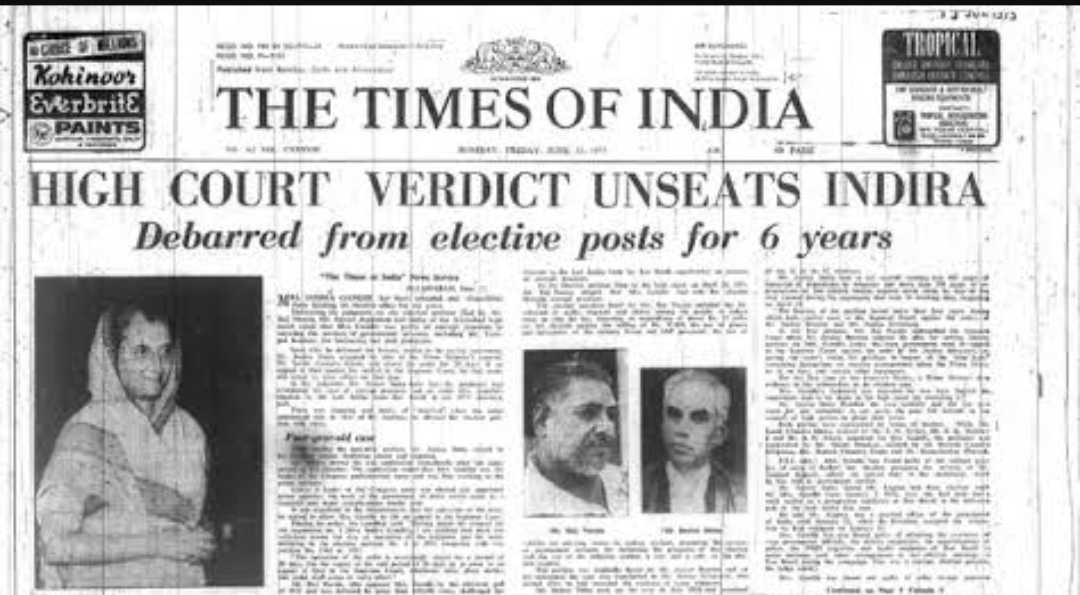 a times of india clipping with the headline "court verdict unseats indira gandhi"