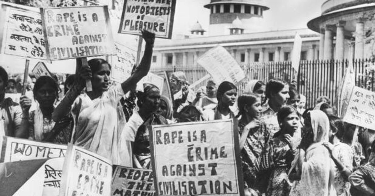 women protest for the reopening of the mathura rape case outside the supreme court