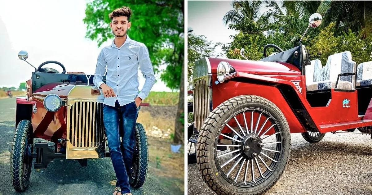 Yuvraj Pawar with his vintage electric car invention Yuvraj 3.0