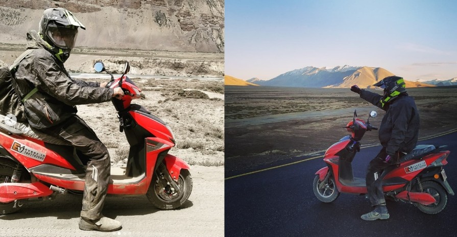 Abhishek riding his e-scooter on the Manali-Leh road 