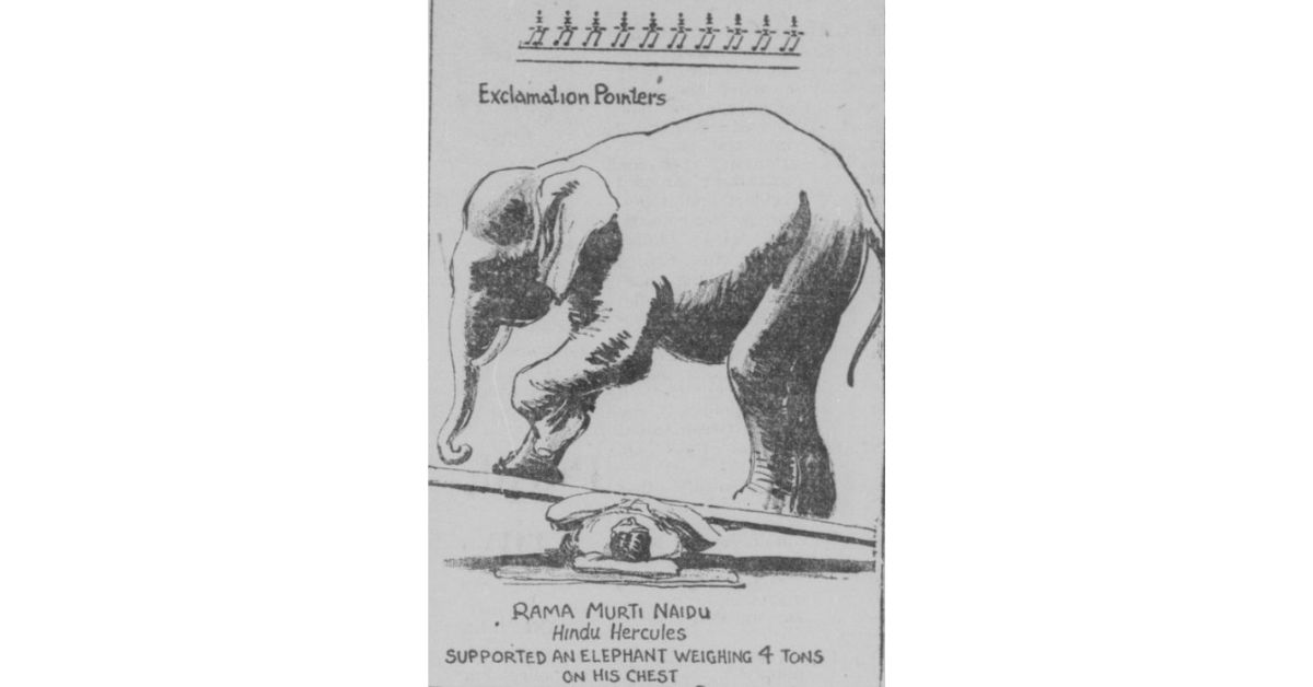 Kodi Ramamurthy Naidu menyeimbangkan gajah di dadanya