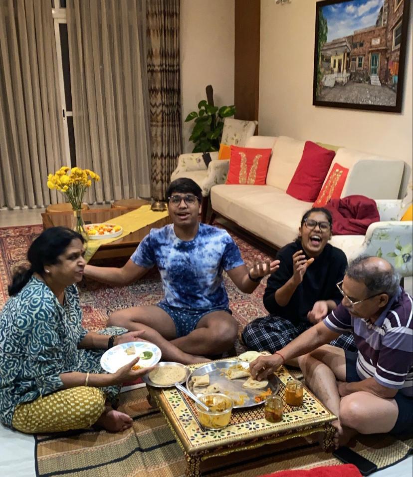 Eating together at home. 