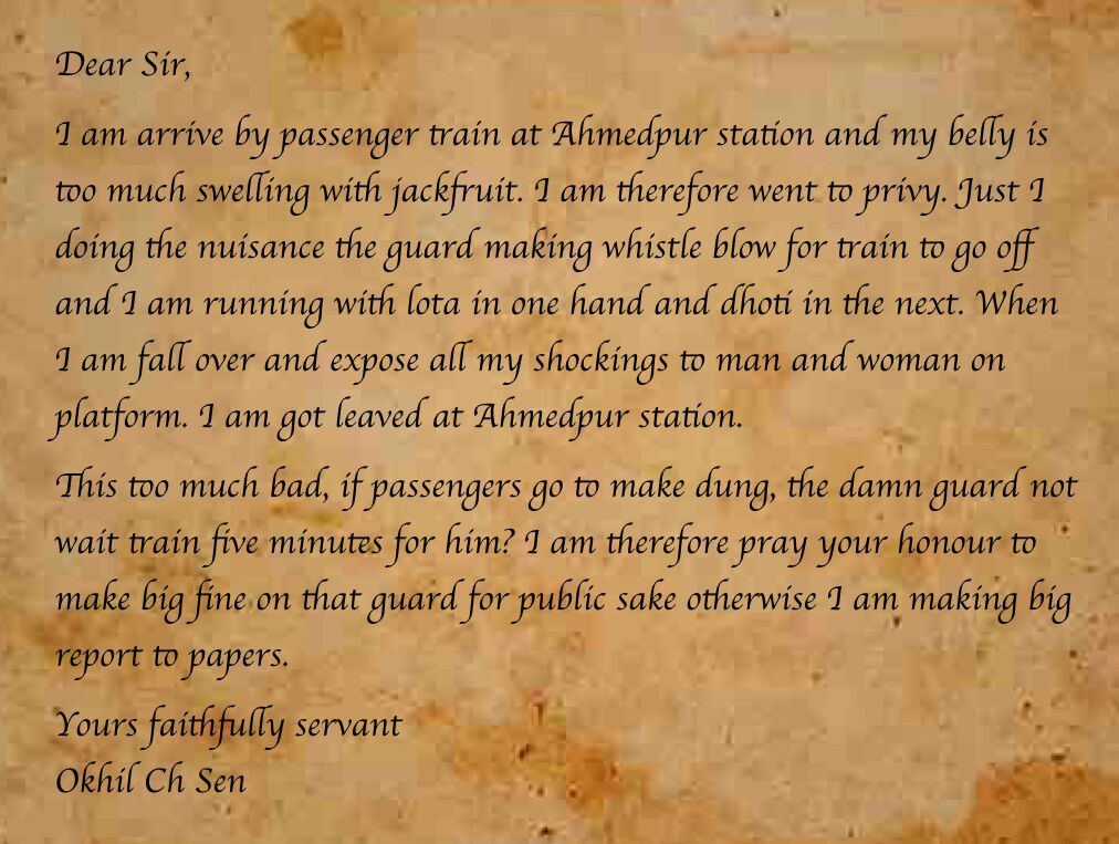 Letter by Indian passenger which complained about lack of toilets in trains