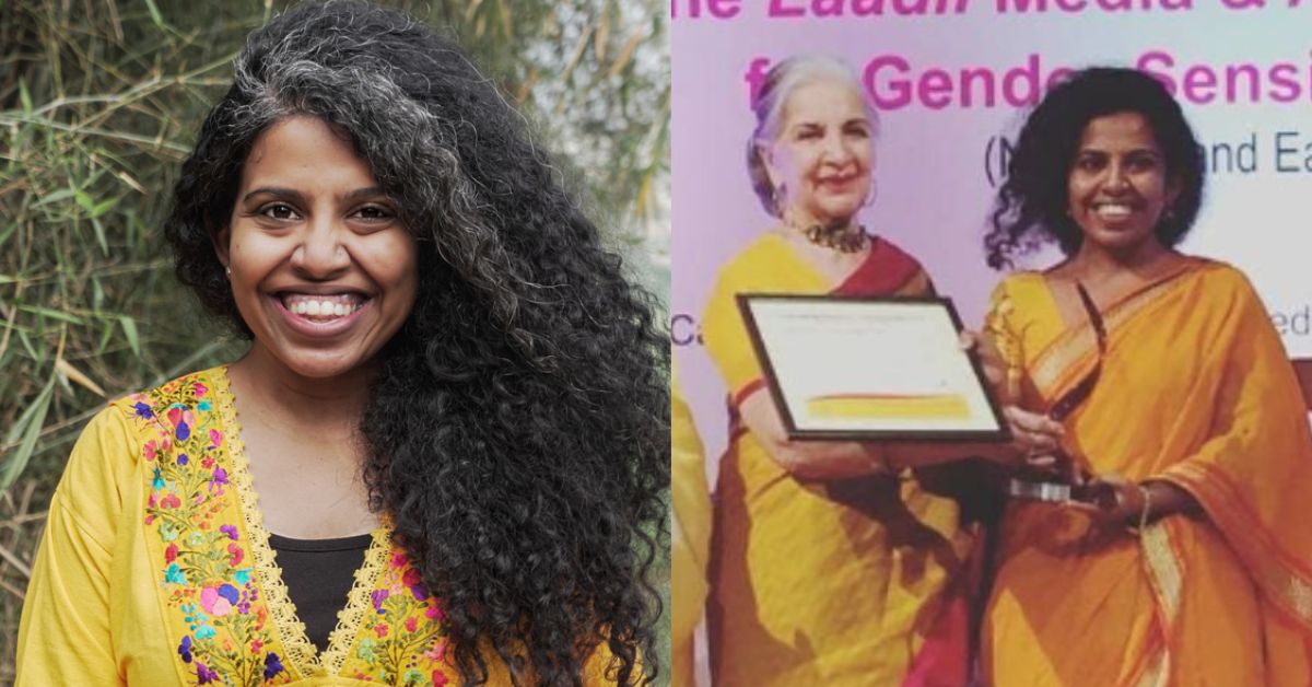 lawyer jasmine george receives the laadli award for her npo hidden pockets beside sushma seth