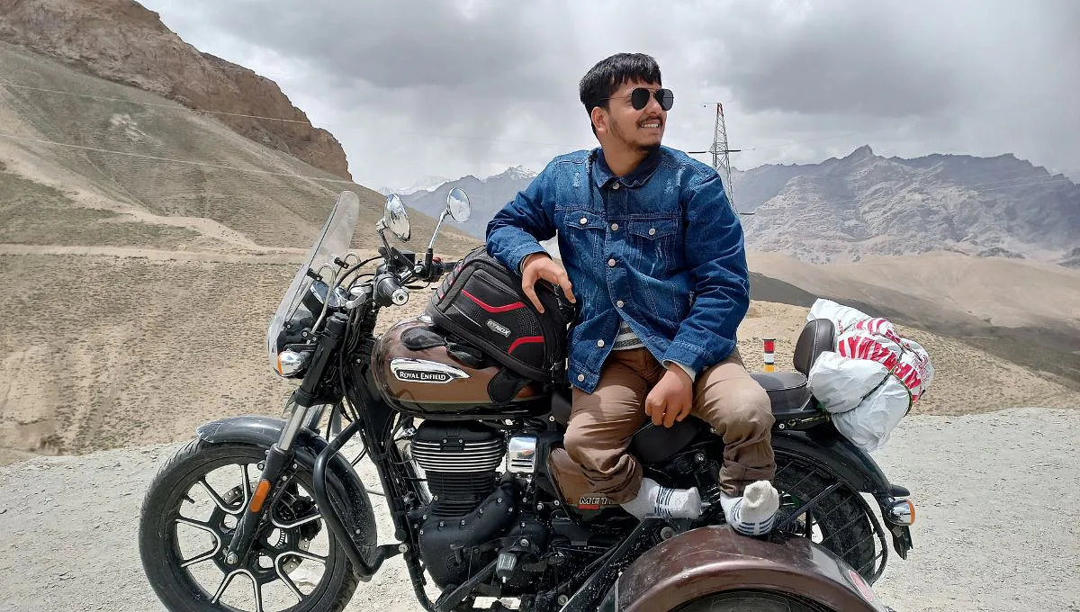 disabled man shivam porwal on his bullet in Ladakh. 