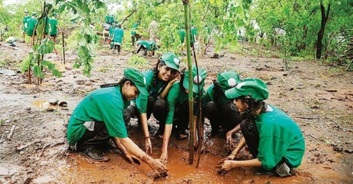 four girls dressed in green carry out a tree plantation drive organised by the delhi metro rail corporation in new delhi 