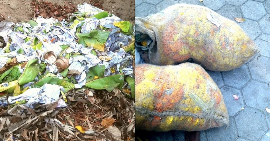 Compost pit with banana leaves and rolling paper (left) and used decoration flowers.