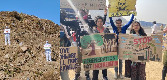 women of a collective known as warrior moms, holding banners calling for clean air in delhi at the dadumajra and bandhwari landfills 