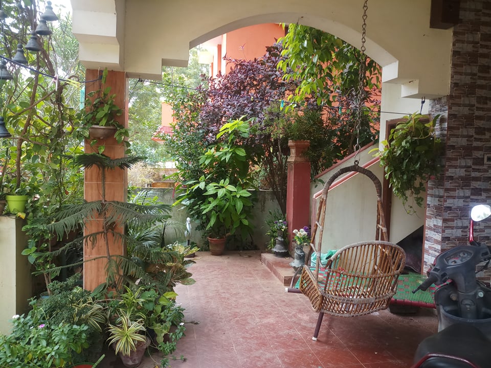 the entrance of Thayumanavan's house filled with plants
