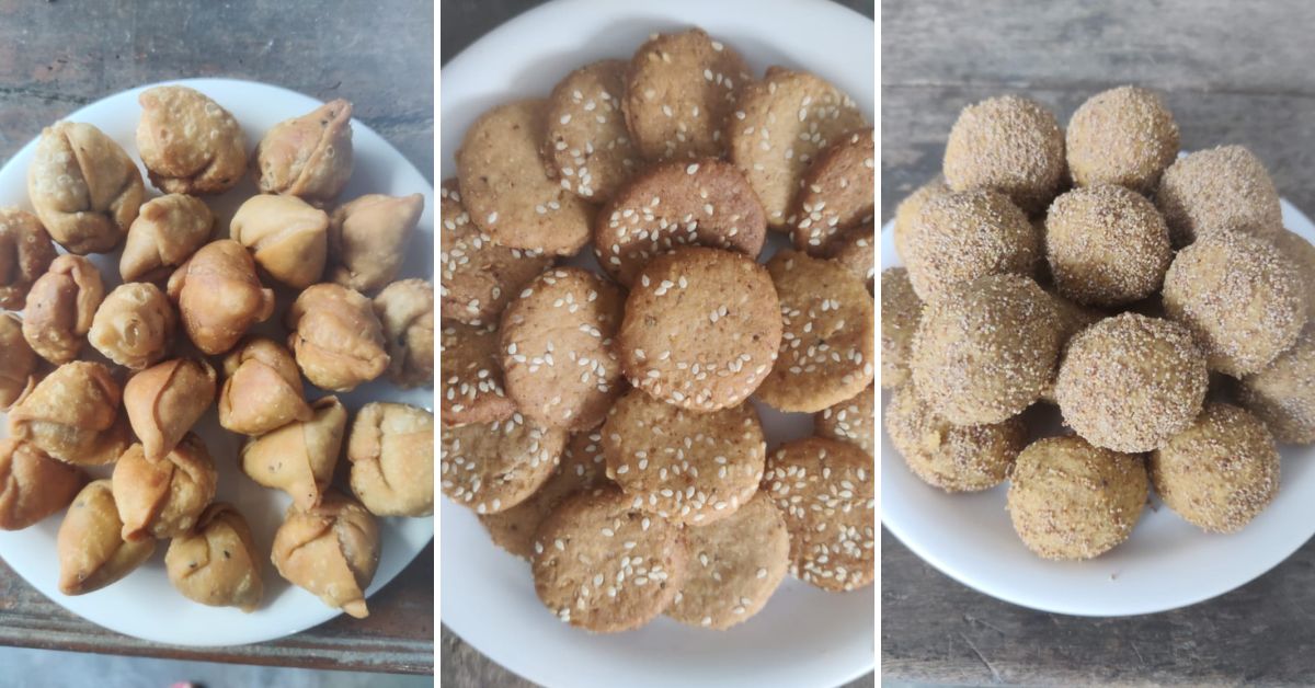 Mushroom samosas, biscuits and ladoos