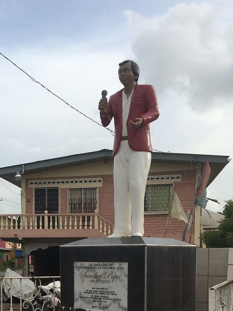 Statue of Sundar Popo, a pioneer of Chutney music, who inspired Bollywood stars like Amitabh Bachchan. 