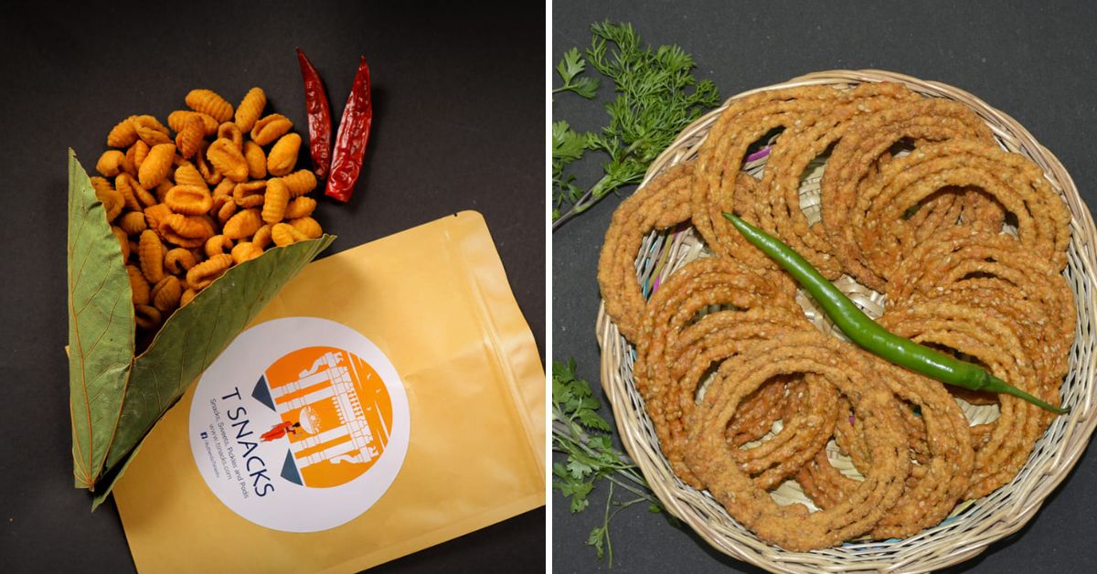 Traditional Andhra snacks namely Kaaram gavvalu (left) and kaaram sakkinaalu (right) by T Snacks. 