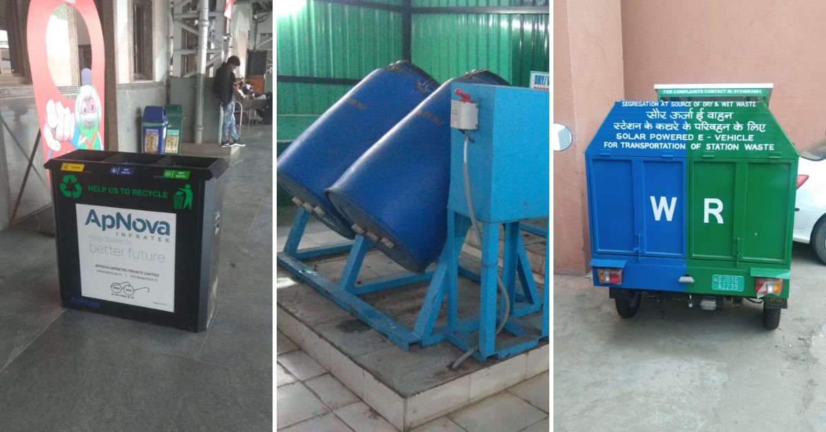 ApNova bin (kiri), mesin kompos (tengah) dan e-vehicle untuk mengangkut sampah di stasiun kereta Ahmedabad.