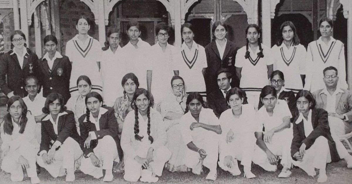 Indian women's cricket team with Mahendra Sharma in 1975