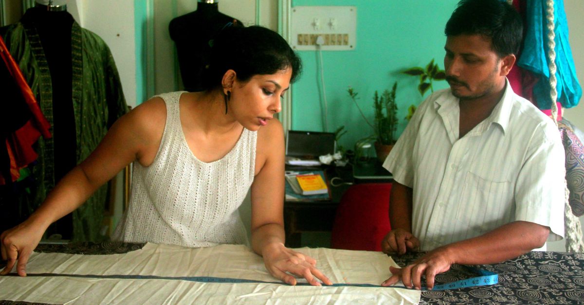 Meghna designing an outfit at the LataSita studio in Kolkata