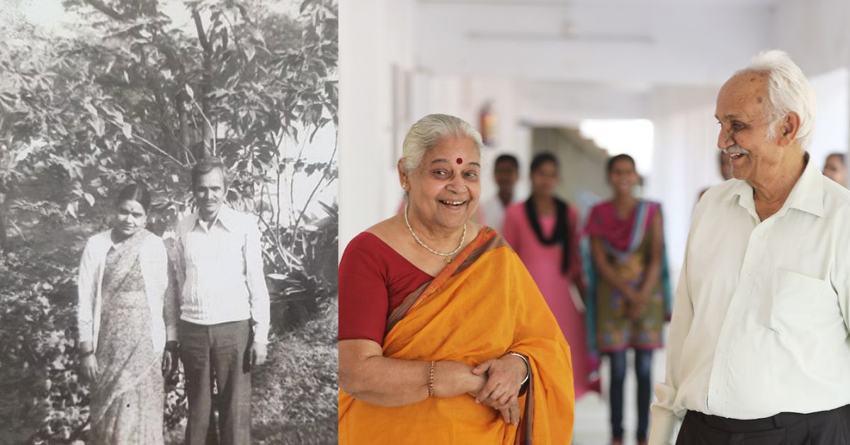 a before and after photo of dr s b misra and his wife nirmala misra, who founded the bharatiya gramin vidyalaya school in uttar pradesh
