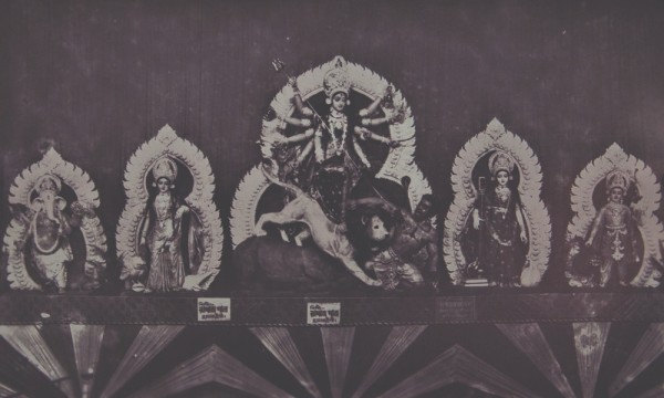 A black and white photo of a Durga idol created by artist Late Gopeshwar Pal 