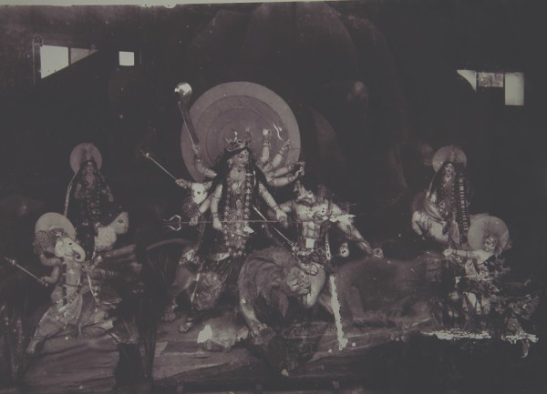 A black and white photo of a Durga idol created by artist Late Gopeshwar Pal 