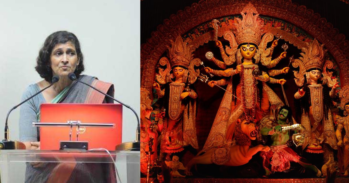 historian tapati guha-thakurta speaks at a conference and a stock image of a decorated idol of durga during durga puja in kolkata