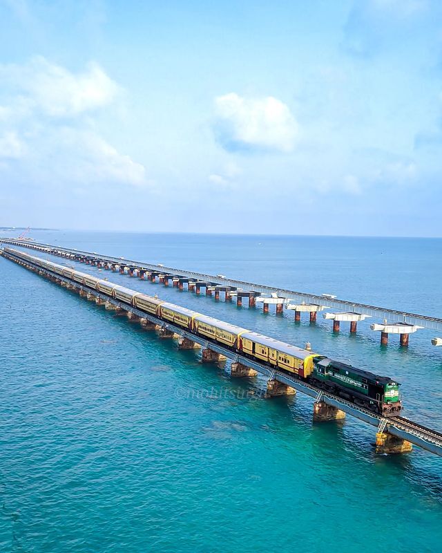 An aerial view of the Pamban bridge.