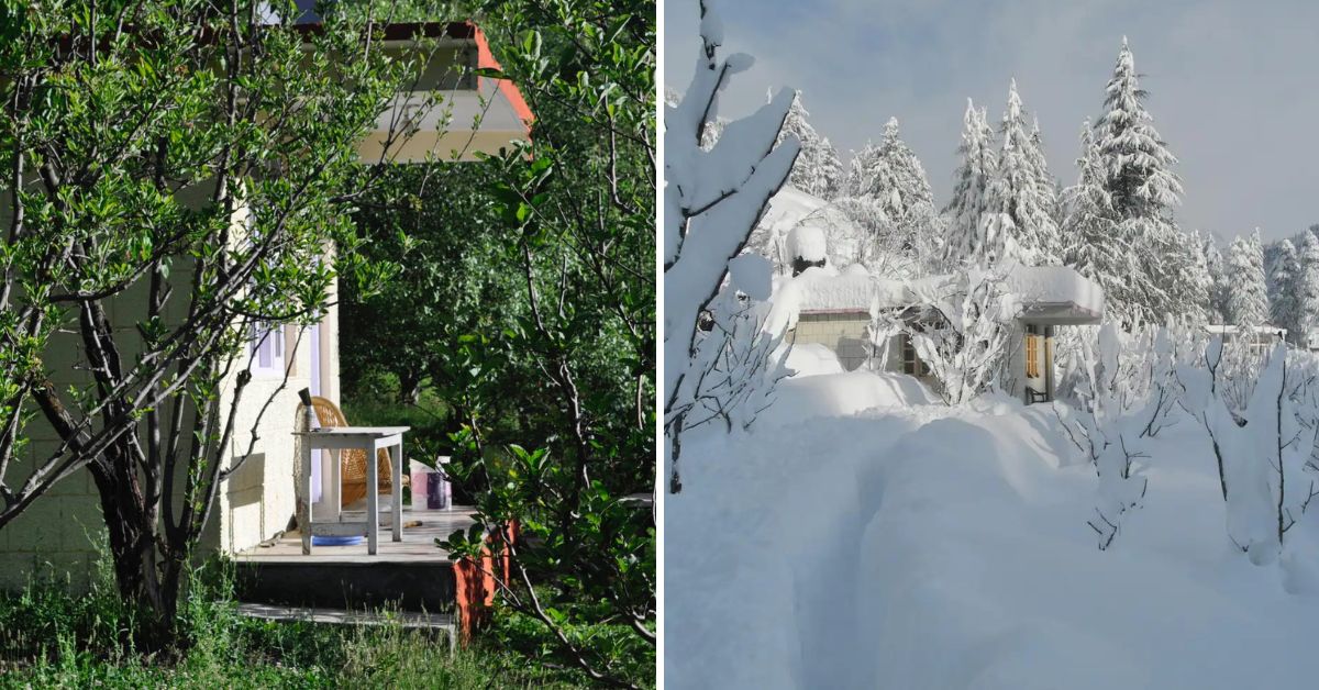 Pemandangan Apple Orchard House sebelum dan selama musim dingin. 