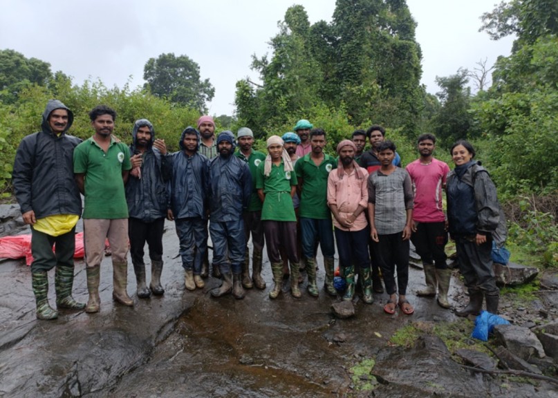 Meera Chandran with the labourers in Wayanad to fight invasive plant species and restore forest land