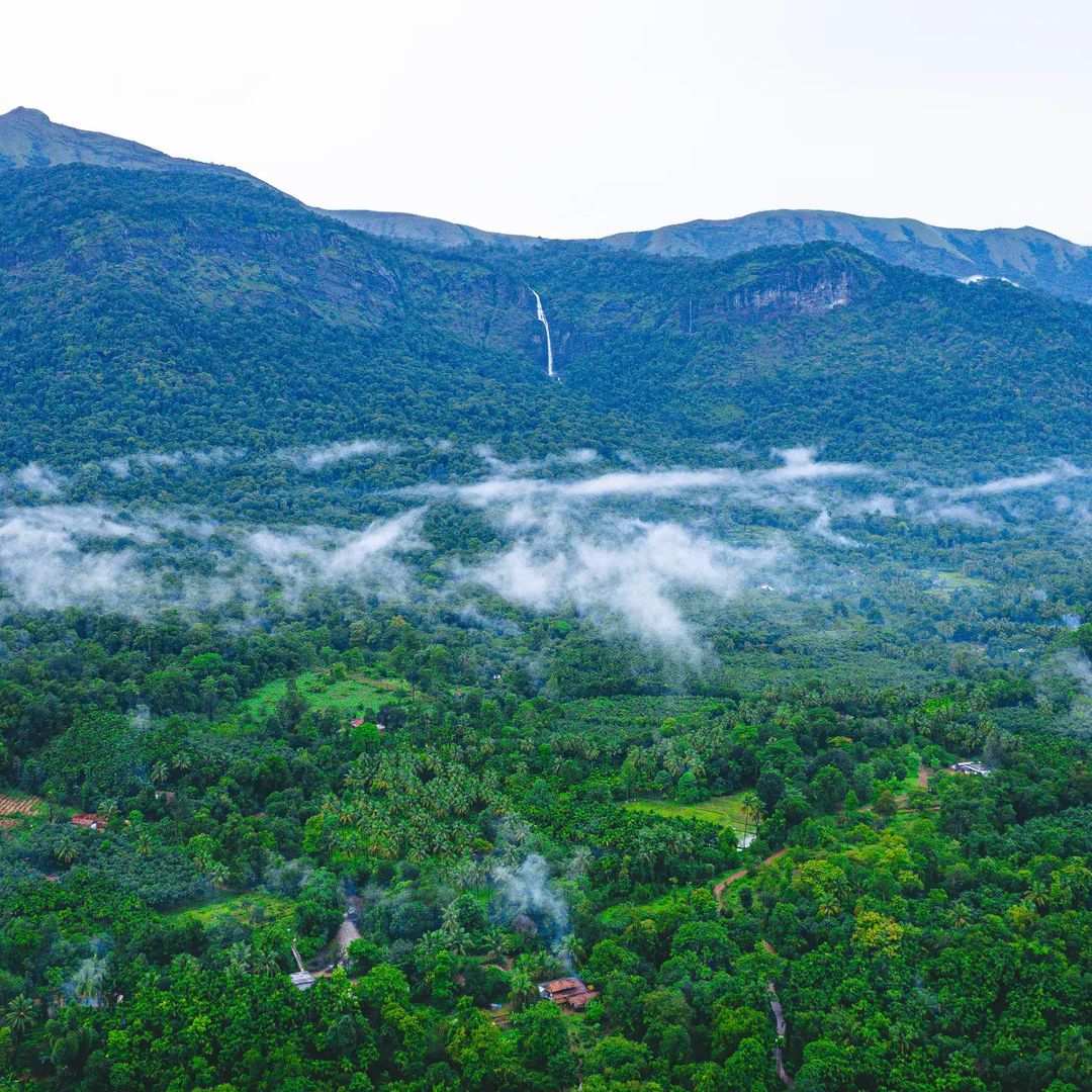 Pemandangan panorama pegunungan berkabut di Kodachadri.