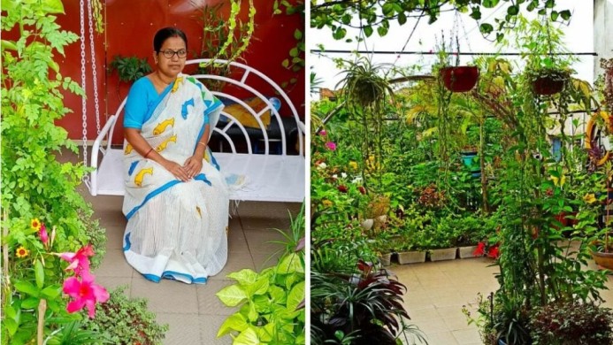 Musumi Mondal in her garden in Kolkata filled with ornamental plants