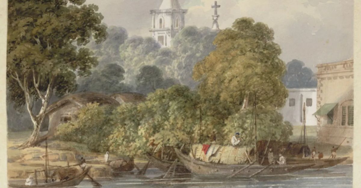 a painting of bandel, a port town located near the hooghly river in kolkata
