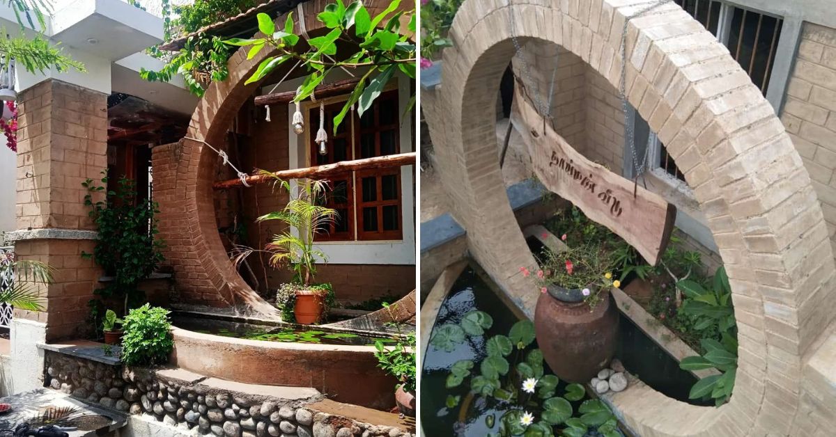 Front view of Jegatheesan's mud brick house in Perambalur, Tamil Nadu. 