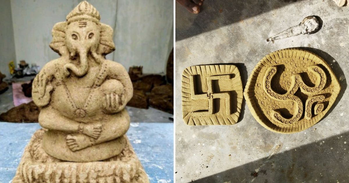 Idola Ganesha dan plakat dengan simbol agama