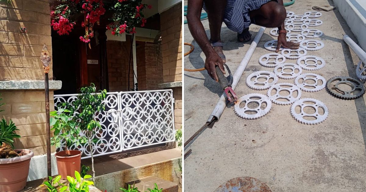 Terrace railings, window grills and gate were made using chain sprocket of two-wheelers. 