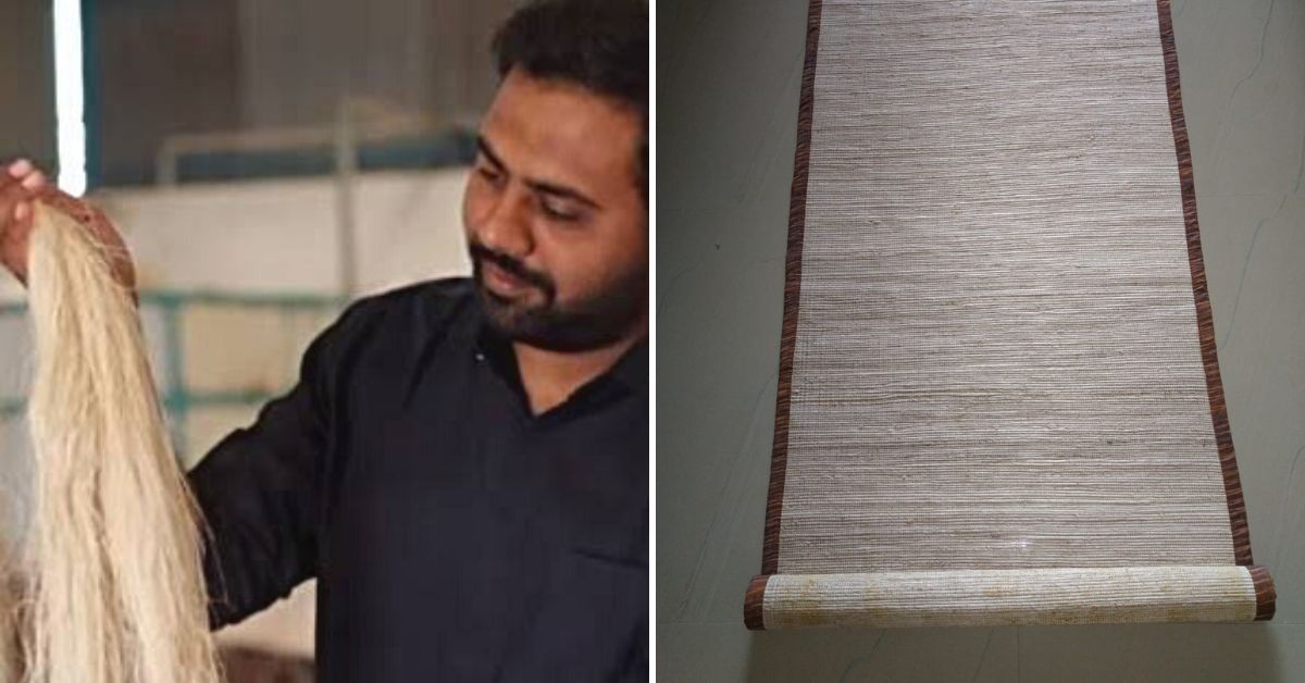 Mehul Shroff (left) and a yoga mat made from banana fibres (right).