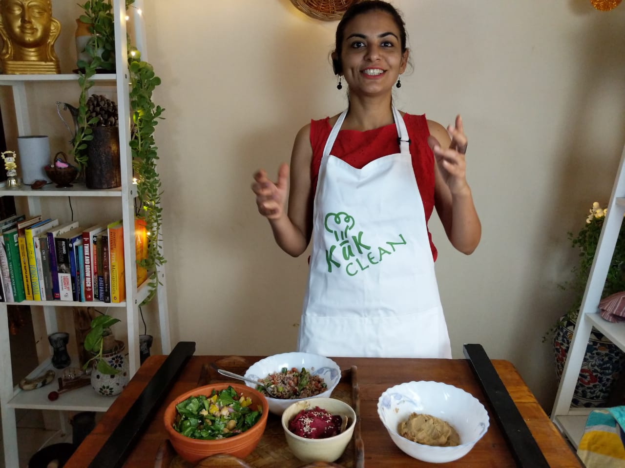 Kirti Yadav with plant-based food.