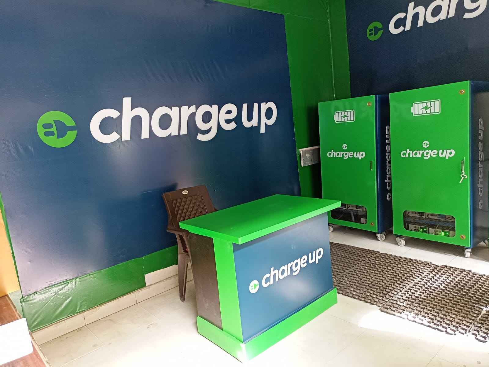 The Chargeup station has recharged batteries that drivers can simply swap for their drained ones