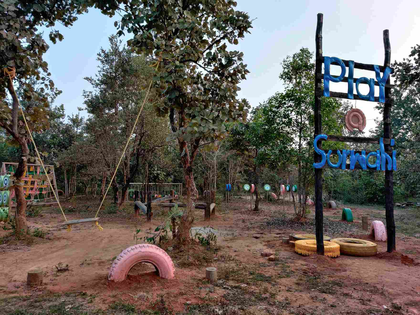 The playground is made with old tyres and wood where children can play.