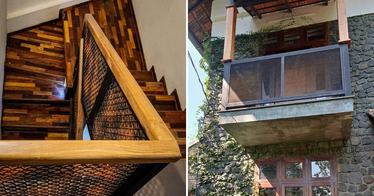 Pegangan tangga dan balkon terbuat dari jaring baja.