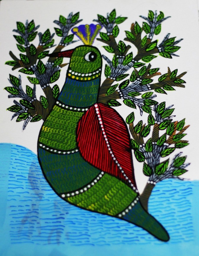 A vibrant Gond art painting depicting a bird.