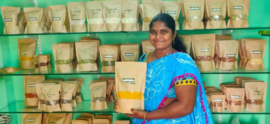 Usharani in her store which sells organic produce.