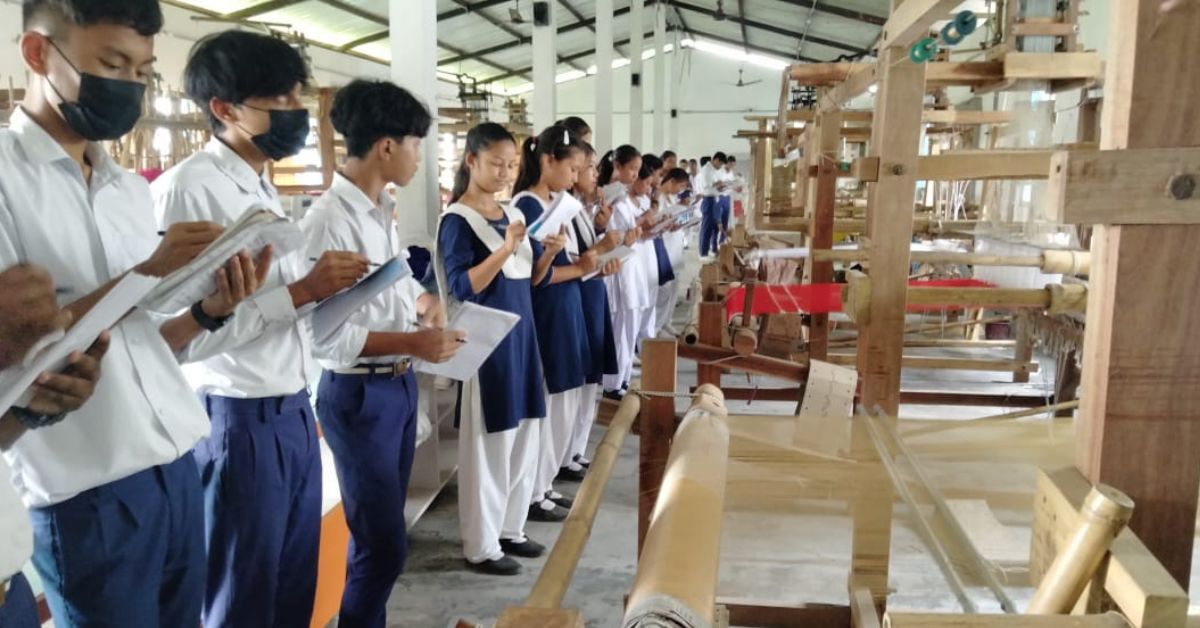 The school teaches weaving to eighth graders. 