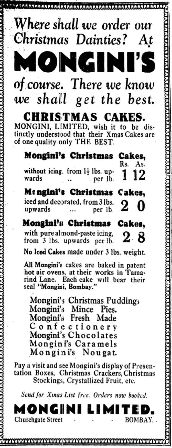 Sebuah iklan oleh Monginis di The Times of India, 6 Desember 1929