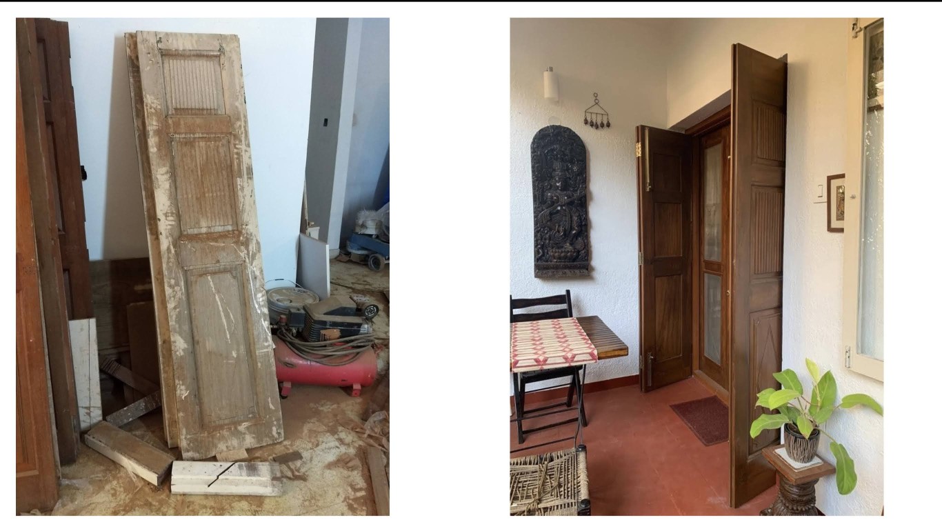 a before and after of a remodelled home with used wooden doors 