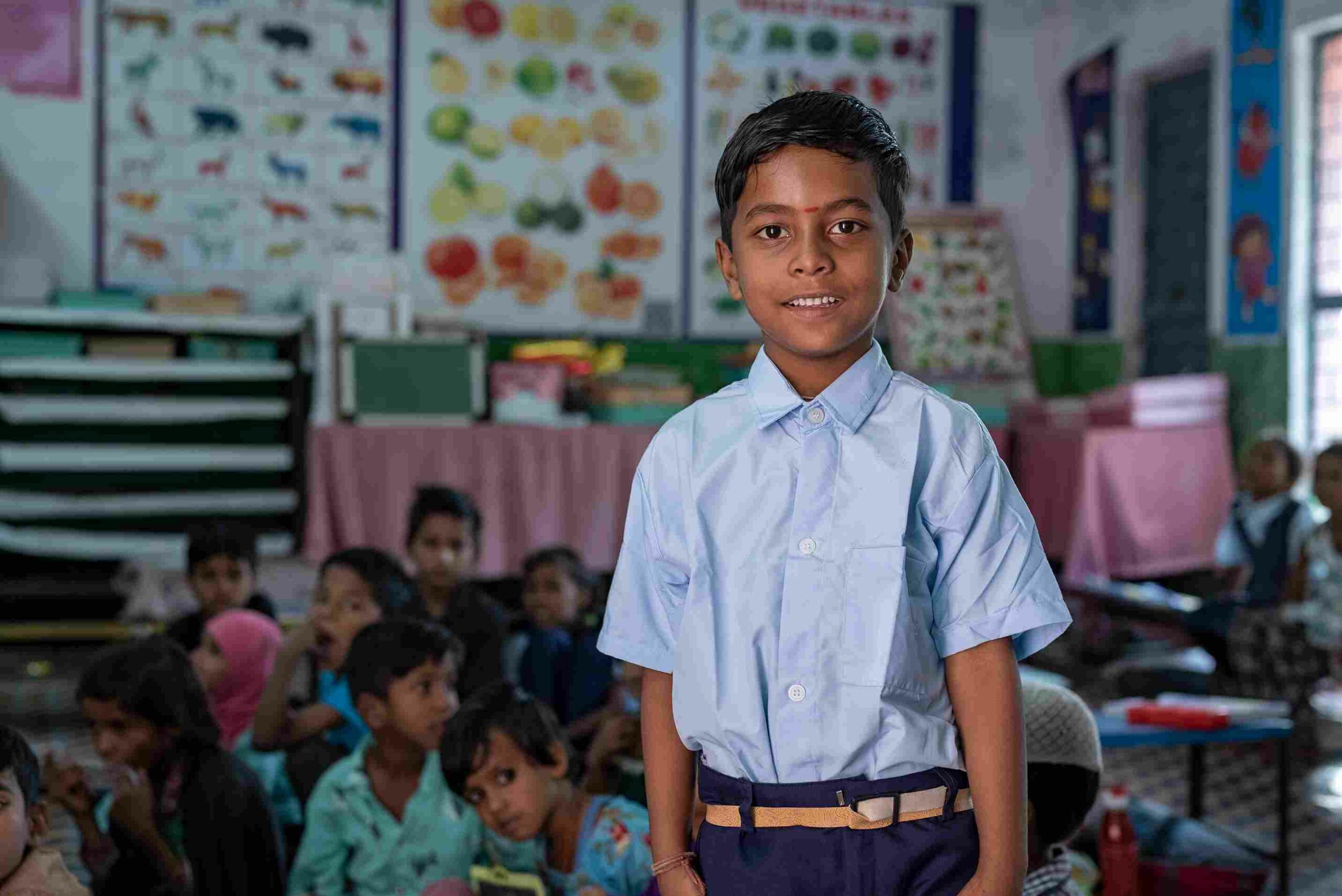 Darpan Malaviya, siswa Kelas 1 dari sekolah dasar di desa Kodiya Chhitu, distrik Sehore di Madhya Pradesh.