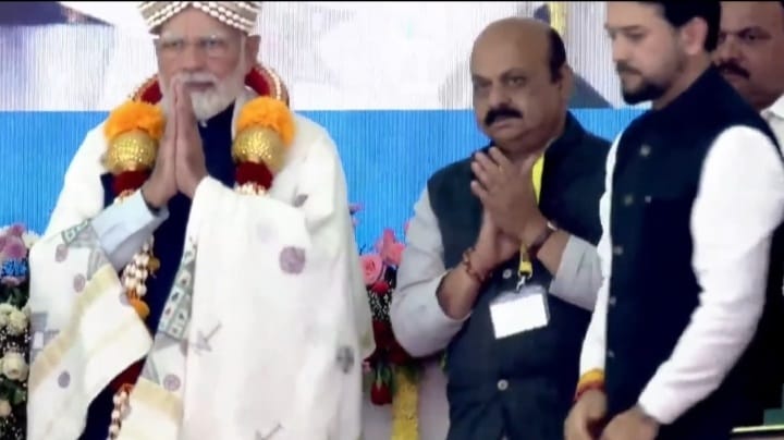 PM Modi draped in a shawl designed and embroidered by Artikrafts artisans