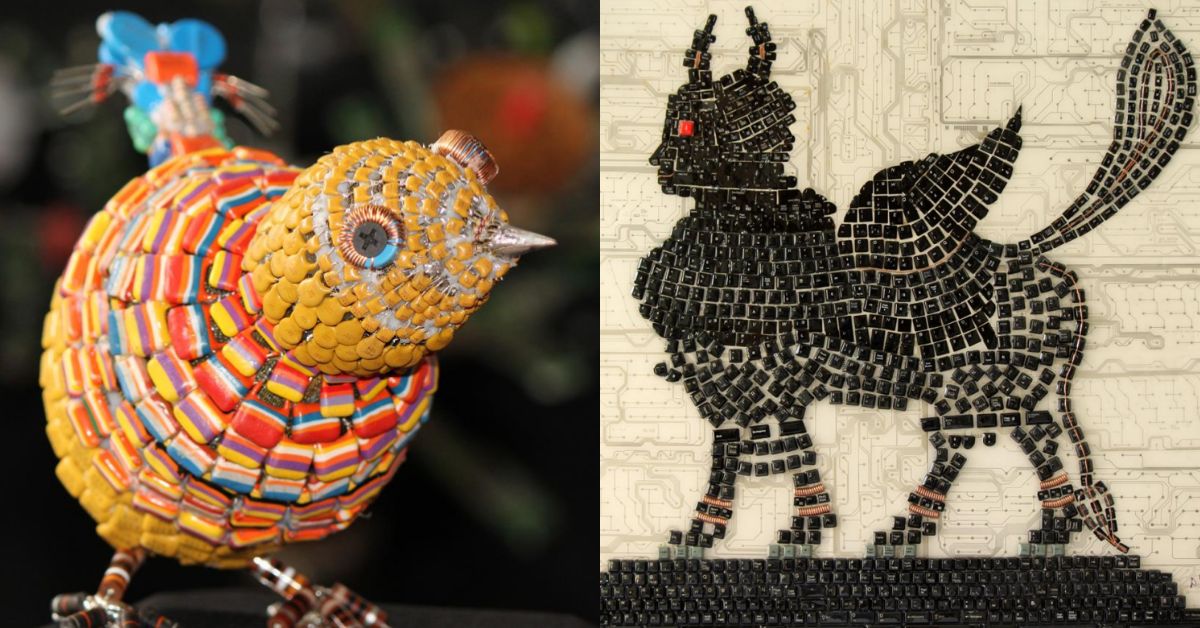 A dazzle bird and a divine bovine goddess created from upcycled computer components including keyboard keys.