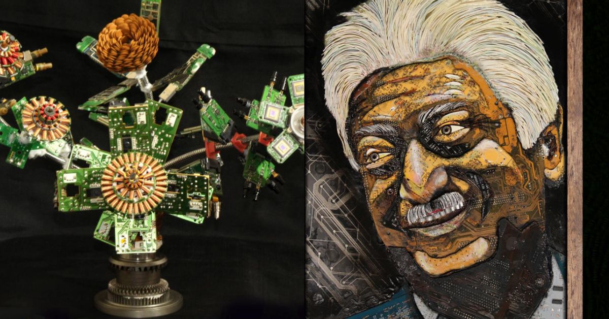 Eco plants and a portrait collage of business tycoon Azim Premji using e-waste on wood.